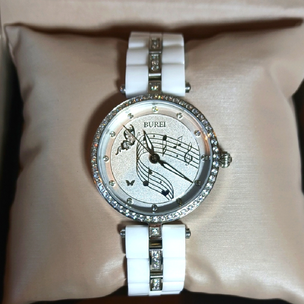 🎵 Burei White Ceramic Crystal Music Notes & Butterflies Watch – NWOT Quartz